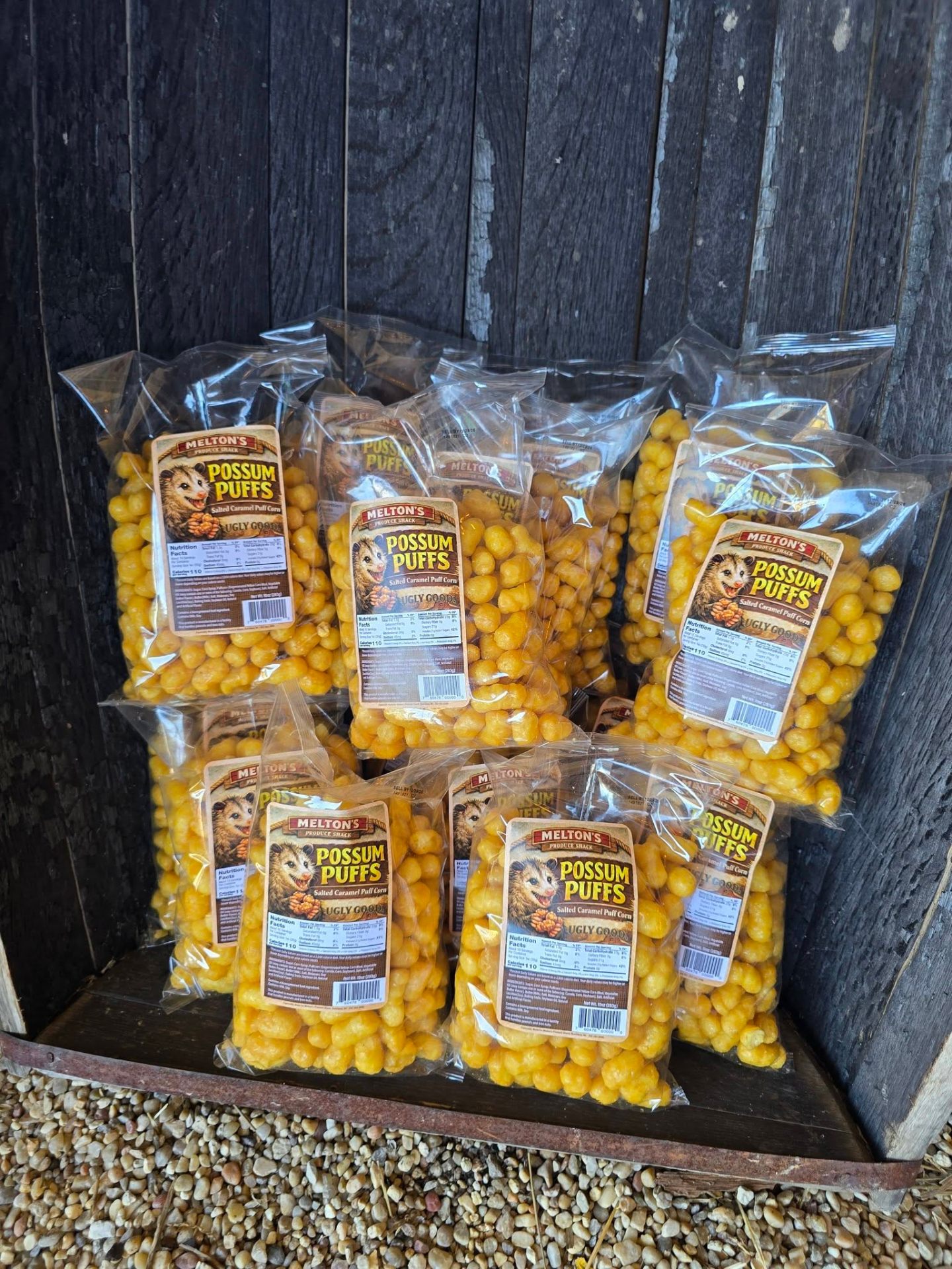 Bags of Possum Puffs salted caramel puff corn